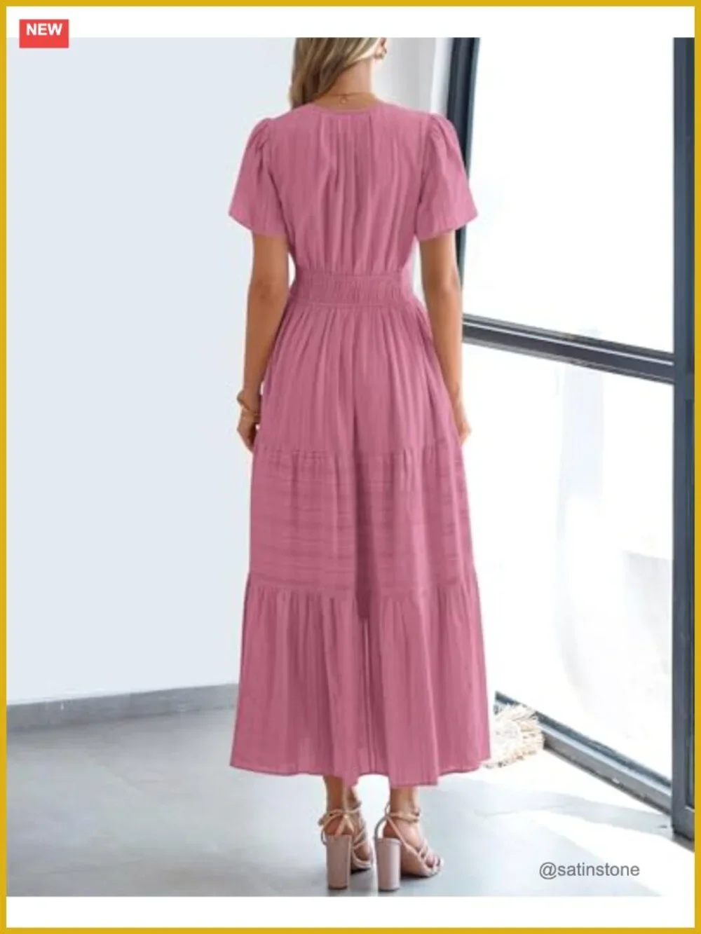 Women's Lightweight Short Sleeve V-Neck Tiered Ruffle Maxi Dress with Pockets